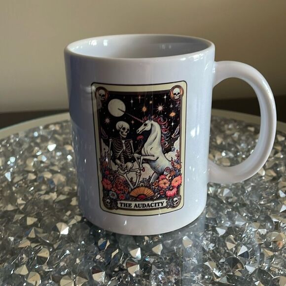 The Audacity spooky skull skeleton unicorn tarot card fortune White Ceramic Mug - Picture 6 of 7